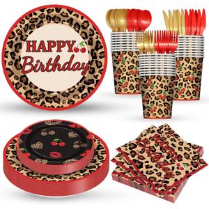 168pcs Cheetah Print Party Supplies Red Leopard Plates Napkins Cups Cutlery Set Black Cherry Birthday Tableware Set Y2K Cherry Leopard Print Party Supplies for Girls Women Birthday Events
