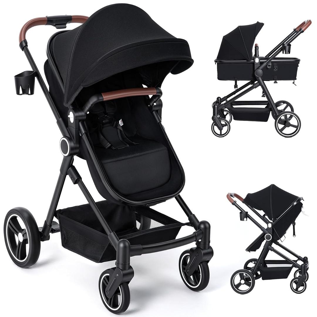 2-1 Baby Stroller, Newborn Toddler Compact Stroller with Convertible Seat, Foldable Pram Stroller with Adjustable Backrest/Canopy& Cup Holder, for 0-48 Months