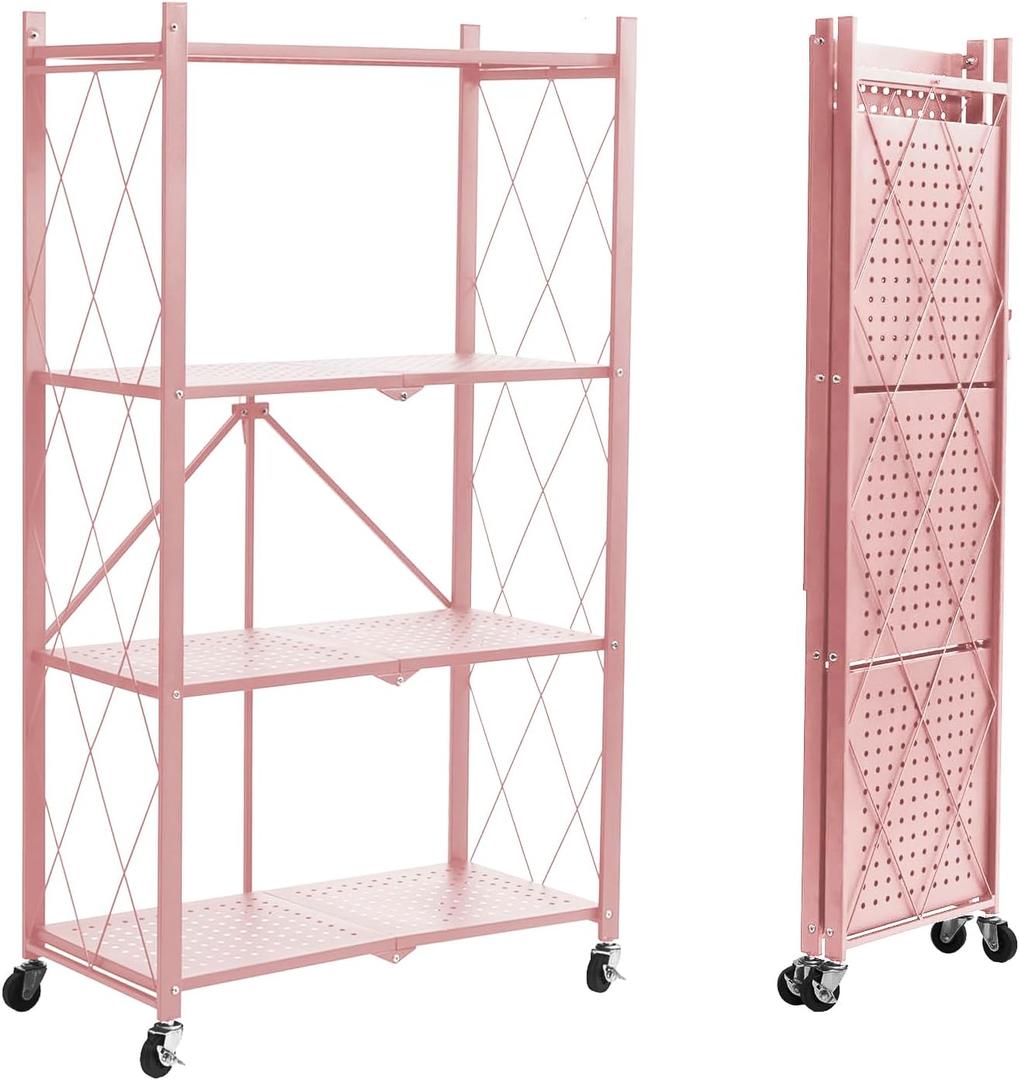 BRIAN & DANY 4-Tier Foldable Storage Shelves with Wheels, Folding Metal Rack Shelving Unit, Heavy Duty No Assembly Organizer Shelf for Garage, Kitchen, Basement, Pantry, Pink
