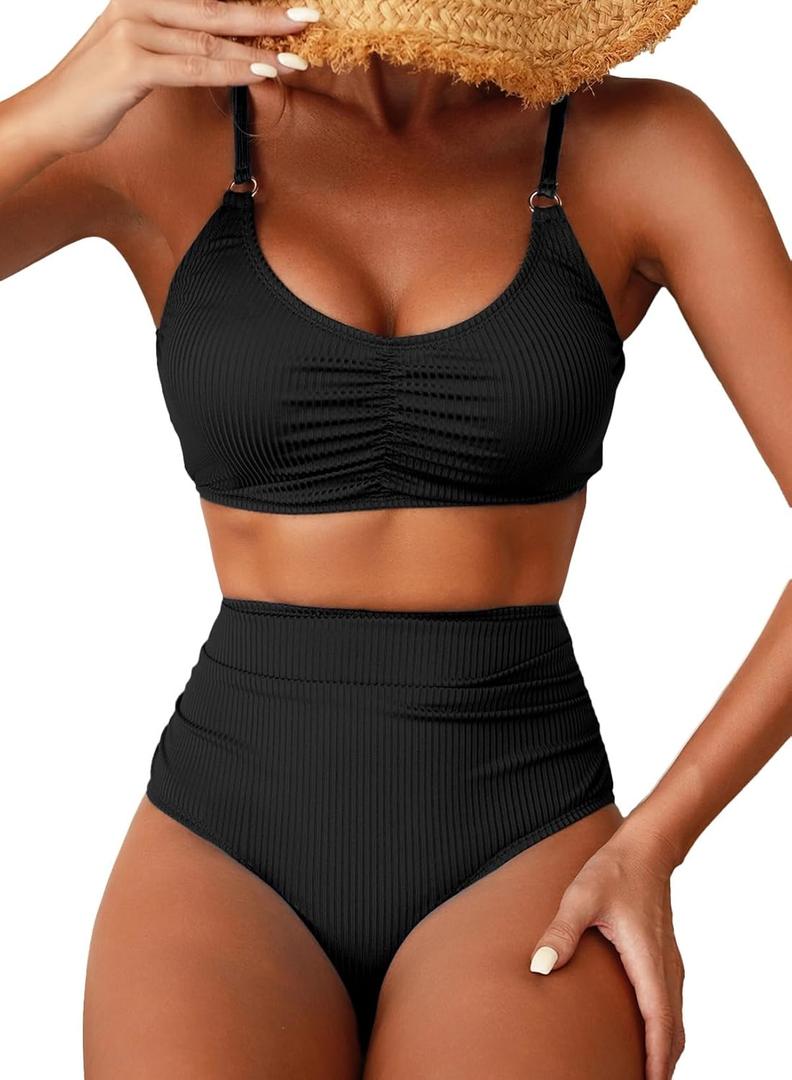 Herseas Women's Loop Straps Bikini Sets 2 Piece Shine Ribbed Swimsuits Ruched High Waisted Bathing Suits (Black, XS)