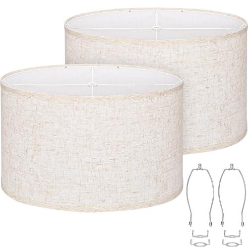 Oval Lamp Shades Set of 2, 16.5"L x 9.6"W x 11"H, Large Beige Lampshades for Table Lamps Bedside Lamps, Natural Linen Lamp Shades for Floor Lamps, Suitable for E26 Base and Saddle Base, Easy Assembly