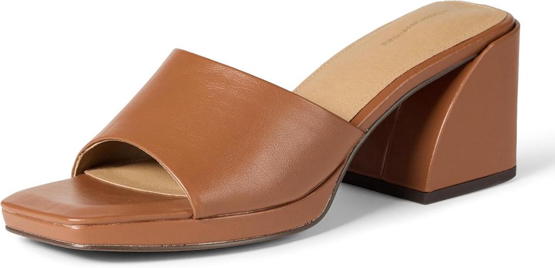 Amazon Essentials Women's Platform Mule Sandals with Sturdy Block Heel, Tan Faux Leather, 7