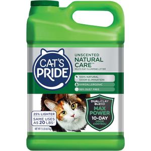 Cat's Pride Max Power: Natural Care - Up to 10 Days of Powerful Odor Control - 100% Natural Odor Elimination - Hypoallergenic - 99% Dust Free - Multi-Cat Clumping Litter, Unscented, 15 Pounds