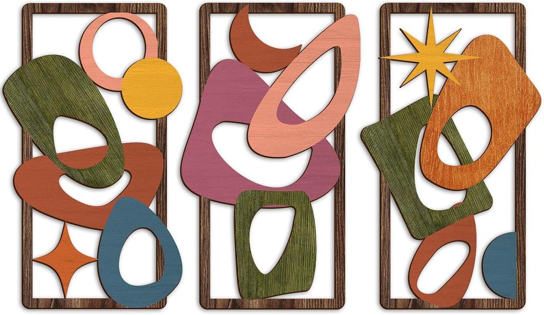 Pigort 3 Pcs Wooden Abstract Wall Art Mid Century Modern Wall Art Modern Elegance Wall Decor Geometric Home Decoration for Living Room Office 9.2x15.7inch