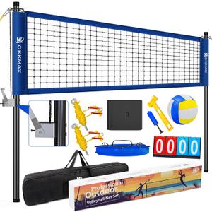 Professional Outdoor Volleyball Net Set with Adjustable Poles & Anti-Sag Design, Portable Volleyball Net Includes Beach Fixed Plate, Scoreboard, Boundary Line and Carry Bag for Backyard Beach Grass (Blue)