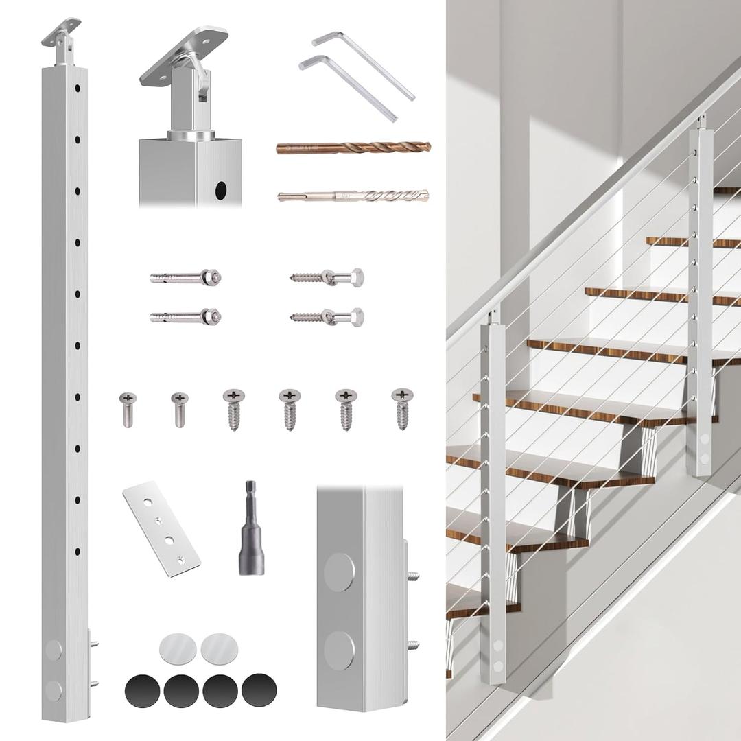 Fulifix 38" Silver Stainless Steel Level Railing Post, Adjustable Top for Most Modern Balcony/Stairway Railing Systems & DIY Cable Railing, Easy Install with All Hardware Included