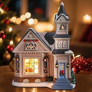 Vipush Christmas Village House Charming Christmas Ceramic Church Decoration with Lights – Perfect Illuminated Holiday Centerpiece for Your Festive Decor