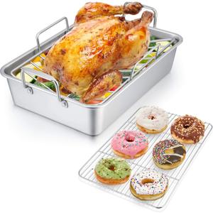 P&P CHEF 14" Roaster Roasting Pan with Baking Rack and V-shaped Rack, Stainless Steel Rectangular Lasagna Pan with Handles for Turkey Chicken, Healthy & Dishwasher Safe, 3 Pieces, Silver