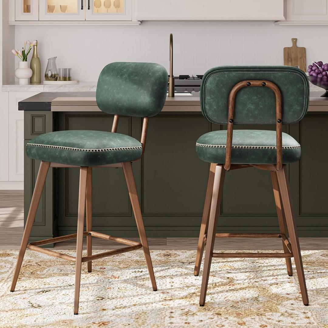 26 Swivel Bar Stools Set of 2, Mid Century PU Leather Counter Height Bar Chairs with Low Back and Metal Legs, Modern Bar Stool Chair for Kitchen Island, Green