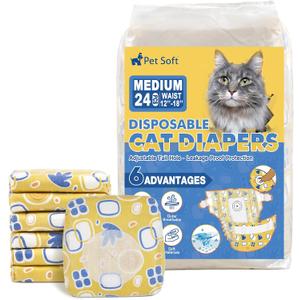 Pet Soft Disposable Cat Diapers - Diaper for Female & Male Cats, Puppy Doggie Diapers for Female Dogs with Adjustable Foam Tail Hole, Medium (24Pcs, Yellow)