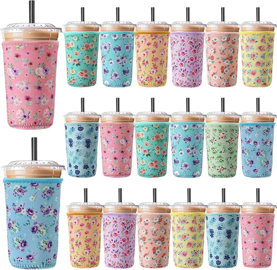 Irenare 20 Pcs Fresh Floral Reusable Iced Coffee Sleeve Neoprene Insulator Cup Sleeve for Cold Beverages Cups Neoprene Holder for Cold and Hot Drinks Fits Coffee Cups 22-24oz, Medium