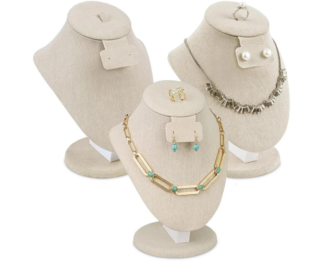 MOOCA 3 Pcs Set Tan Linen Combination Display Jewelry Stand Bust for Necklaces, Earrings, Rings, Jewelry Display For Vendors