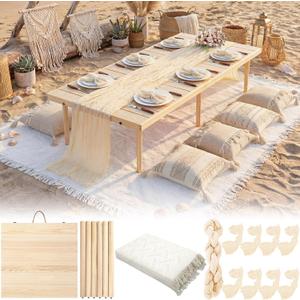 Novabright Boho Table Low Folding Picnic Table with Extra Large Outdoor Camping Blanket Cheesecloth Desk Runner Cheesecloth Napkin for Garden Wedding Party(Cream White,Large Size,for 8 Person)