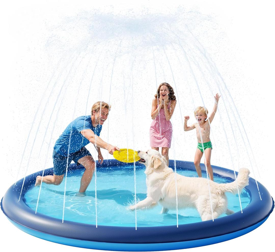 QPAU Splash Pad with Flying Disc for Dogs & Kids  87" Non-Slip Sprinkler Pool, Durable 0.52mm Thick Water Play Mat for Toddlers, Baby, Boys, Girls, Pets  Fun Summer Outdoor Toy (Blue)
