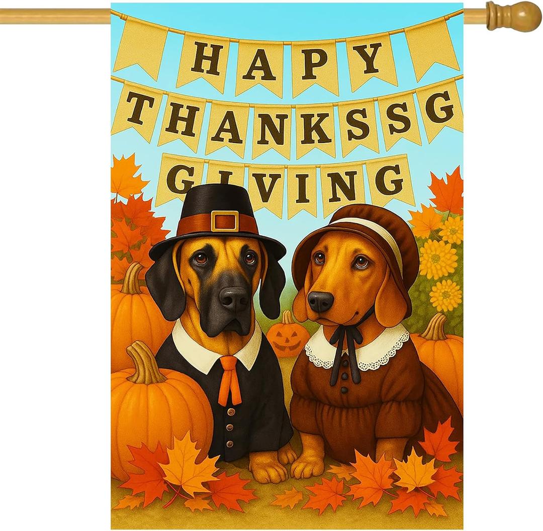 IVN Happy Thanksgiving Dogs Garden Flag 12x18 Inch Double Sided Autumn Harvest Pumpkin Outdoor Yard Flag for Home Front Door Lawn Porch Patio Decor