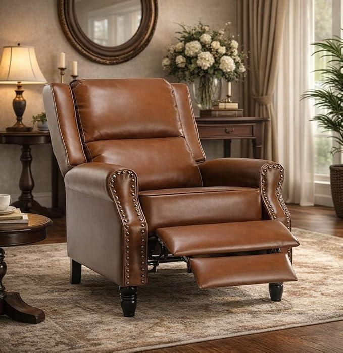 Leather Recliner Chair, Pushback Recliner Chair with Adjustable Backrest Footrest, Mid Modern Reclining with Overstuffed Arms Lumbar Support for Reading, Living Room, Yellow Brown