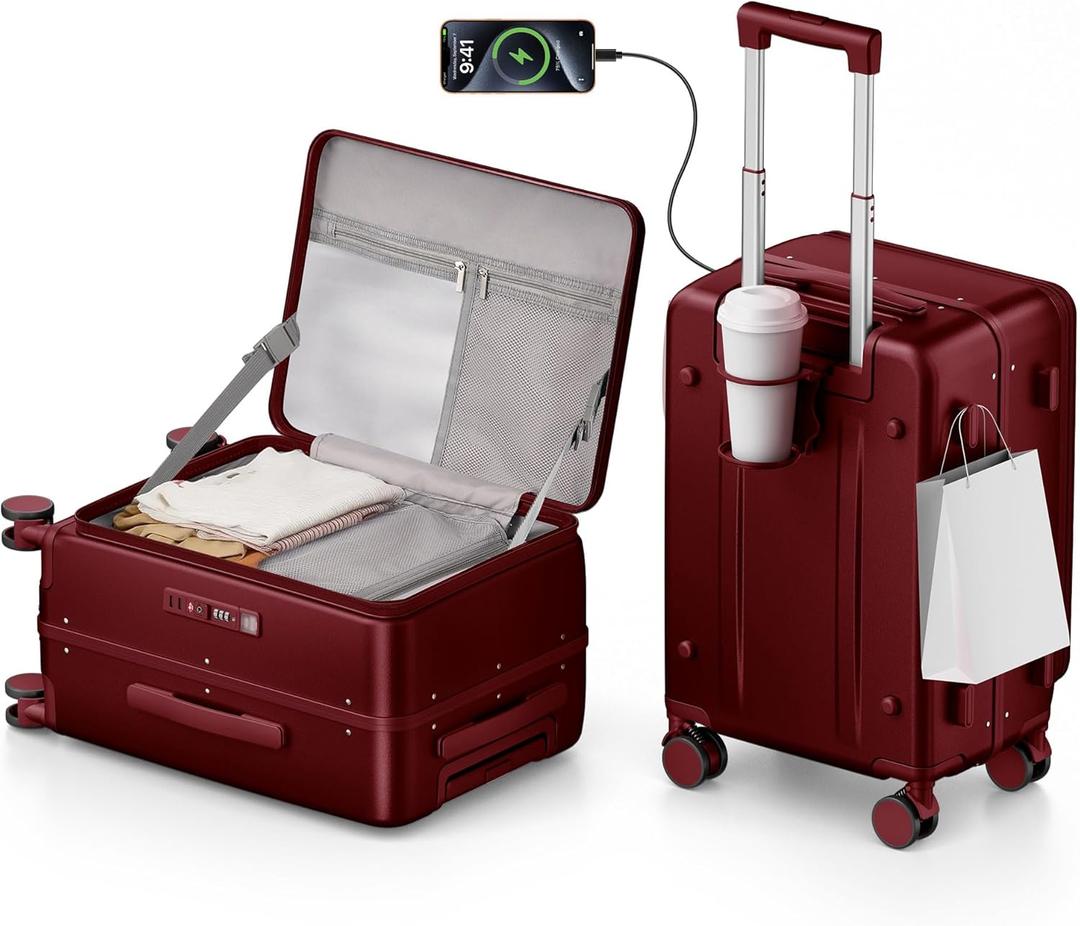 20IN Carry On Luggage,Top Opening Aluminum Frame Hardside 100% PC Airline Approved Suitcase -with TSA Lock,Cup Holder,USB Charge,Side Pothook, 360Spinner Wheels-Wine Red