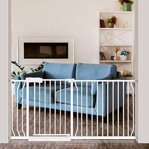 Extra Wide Baby Gate 62.2-66.9 Pressure Mounted, Child Dog Pet Safety Gates with Walk Through Door for Doorways Stairs No Drilling in Door, White