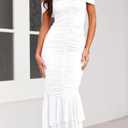 GOBLES Women's Sexy Off The Shoulder Slim Fitting Ruffle Buttom Ruched Bodycon Midi Party Dress (White, M)