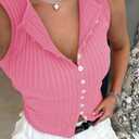 Tankaneo Womens Button Down Cropped Going Out Tank Tops Spring Summer Ribbed Vest Top Slim Fit Sexy Y2K Cute Shirts (Pink) L