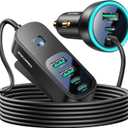 Rocoren 105W 6-Port Multiport Car Charger, PD Fast USB C Car Charger for Multiple Devices, Cigarette Lighter Adapter Car Travel Essentials for Road Trips with 5FT Cable for iPhone 16/15, Samsung S25