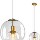 Clear Glass Pendant Lights Kitchen Island Gold Hanging Light Fixture Glass Globe Pendant Light Modern Pendant Lighting for Kitchen Island Bedroom Dining Room (9.84", 1 Pack)