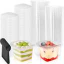 100 Pack 13 oz Square Plastic Dessert Cups, Clear Parfait Cups with Lids Spoons, Disposable Appetizer Tiramisu Container for Pudding, Fruit, Mousse, Shortcake, Yogurt