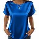 Zeagoo Silk Satin Blouses for Women Business Casual Outfit Cute Going Out Top Summer Short Sleeve Tee Shirt Basic Tshirts Royal Blue XXL