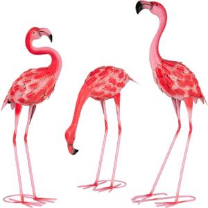 Xonor 3Pcs Flamingo Garden Statues Metal Flamingo Yard Art Outdoor Statues Sculptures for Home Patio Lawn Backyard Dcor(Pink&Red)
