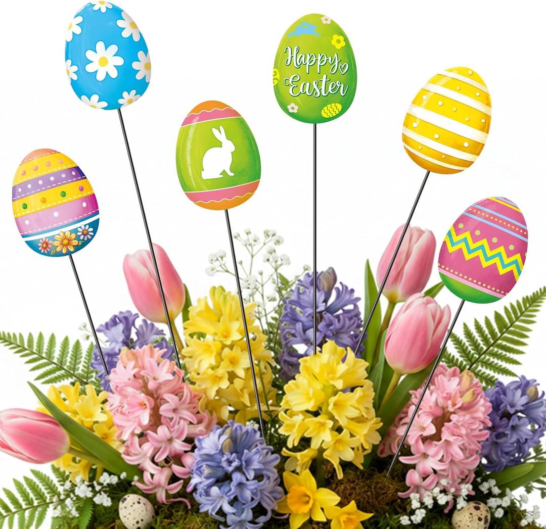 Shimeyao 6 Pcs Metal Easter Egg Garden Stakes Happy Easter Metal Garden Signs Colorful Egg Bunny Yard Stakes Outdoor Decor for Home Lawn Porch Holiday Front Backyard