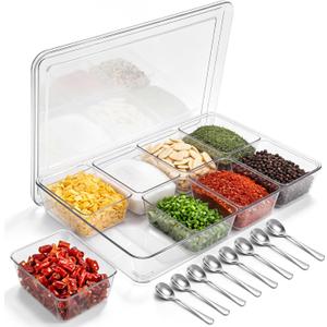 8 Compartments Condiment Containers with Lids Spoons, Clear