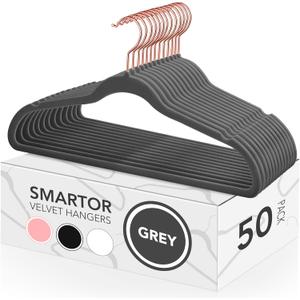 Smartor Grey Velvet Hangers 50 Pack, Non Slip Clothes Felt Hanger Heavy Duty for Coat, 360 Rotating Rose Glod Hook, Premium Slim Space Saving Hangers for Closet Organizer and Storage (Gray)