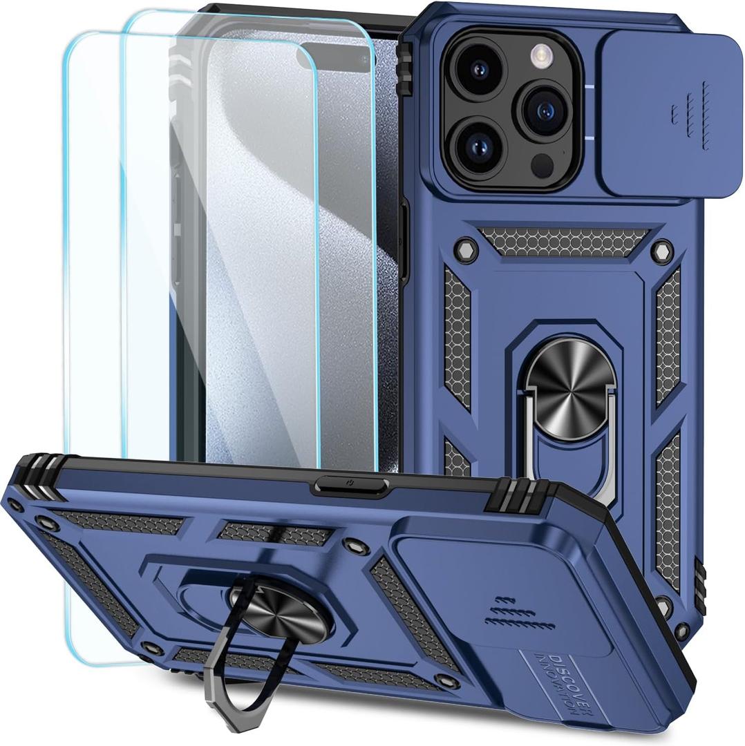 SunStory Compatible with iPhone 15 Pro Case with HD Screen Protector & Slide Camera Cover & Rotated Ring Kickstand, [Military-Grade] Phone Case for iPhone 15 Pro,Blue