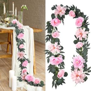 2 Pcs Artificial Peony Flower Garlands 6. 56 ft Eucalyptus Garlands with Fake Violet Rose Faux Greenery for Wedding Table Backdrop Arch Centerpieces Decorations(Light Pink)