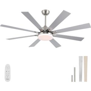 62 Inch Ceiling Fans with Lights, Large Modern Ceiling fan with Remote and 8 Wooden Blades, Dimmable, 6 Speeds,Noiseless Reversible Indoor&Outdoor Fan for Bedroom, Patio, Living Room (Brushed Nickel)