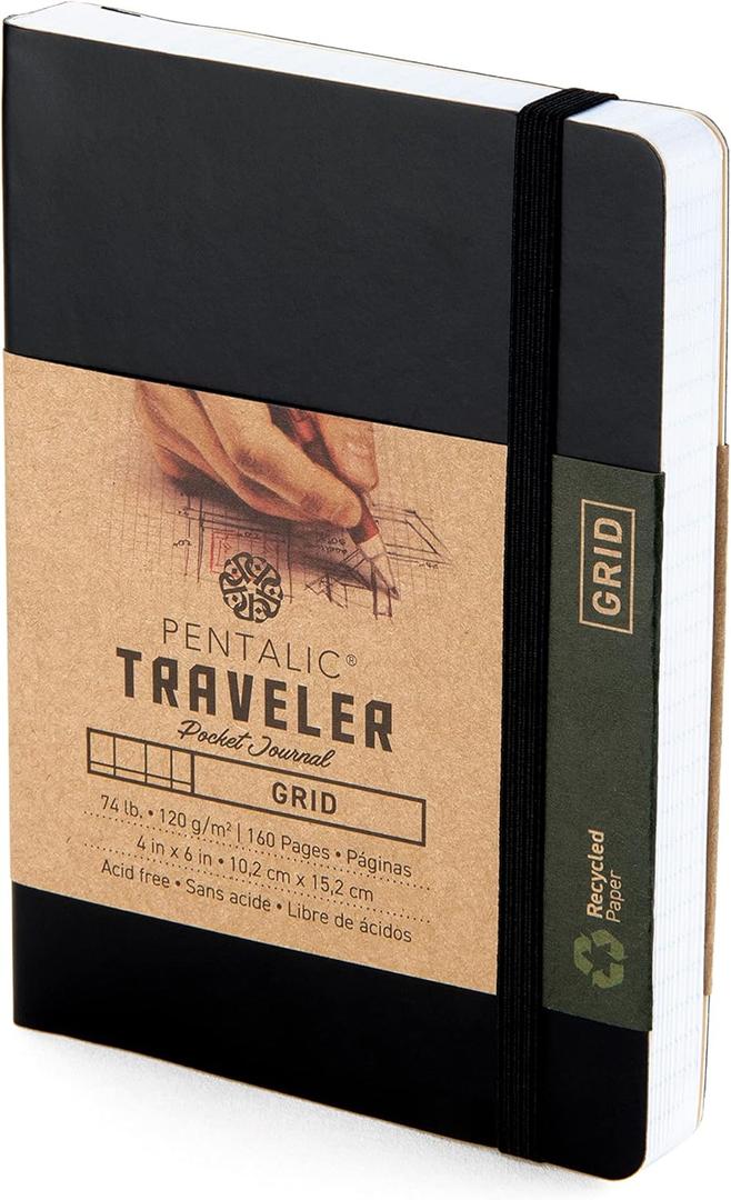 Pentalic 4" x 6" Pocket Grid Traveler Journal, 160 Pages, Black