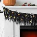 XunYee Black Halloween Garland 6 ft Lighted Cedar Pine Artificial Garland with LED Light Faux Realistic Halloween Hanging Vine Twigs Party Decoration for Mantle Banister Fireplace Decor(Pine Needles)