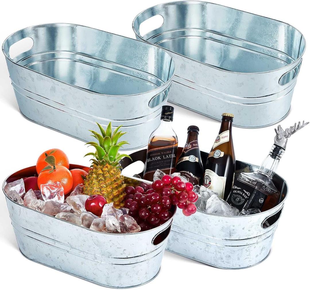 Tessco 4 Pcs 4 Gallon Galvanized Metal Tubs Large Ice Buckets for Parties Beverage Drink Tin Bins Champagne Cocktail Wine Cooler for Summer Mimosa Bar Supplies(Classic,Silver)