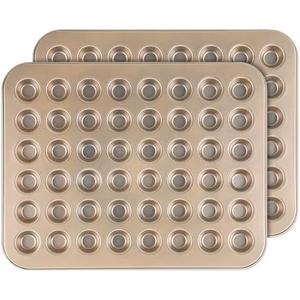 Tioncy 2 Pcs 48 Cup Mini Muffin Pan 15.94 x 12.6 x 0.79 Inches Nonstick Small Cupcake Pan Steel Mini Muffin Tin for Baking Cheesecake Tailgate Party supplies, Dishwasher Safe (Gold)