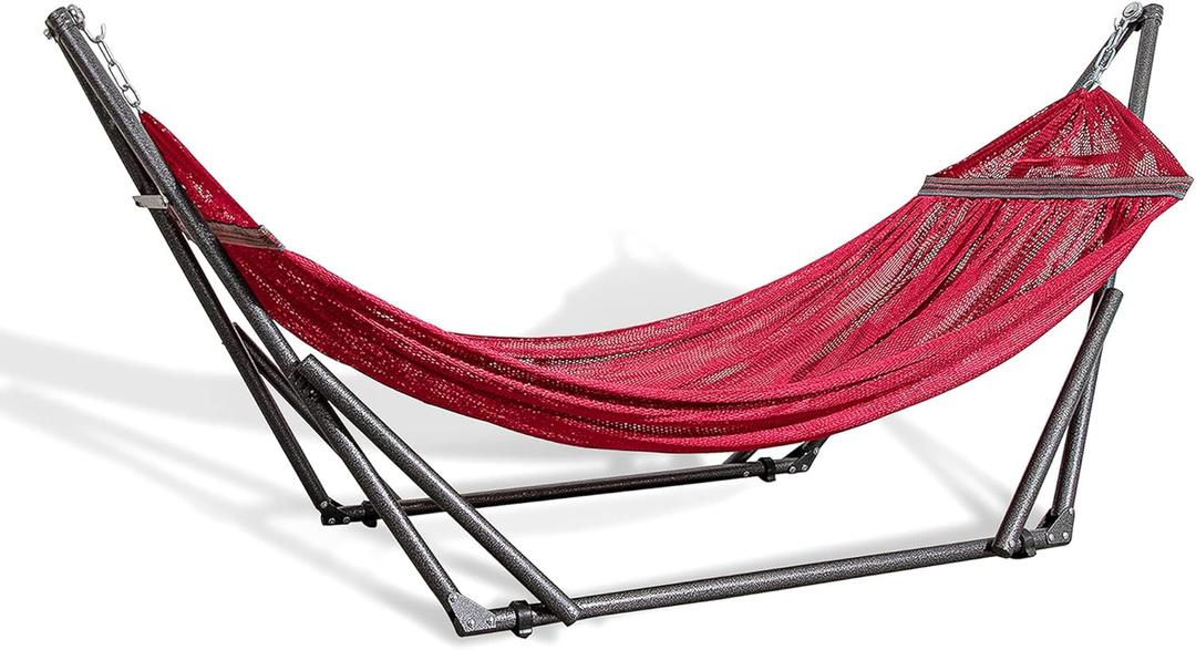 Best Home Fashion Hammock for 2 Persons with Collapsible Steel Stand 600 lbs Capacity- Portable Carrying Case, Adjustable, Perfect for Camping Beach Patio, EZ Daze Foldable Hammock with Stand- RED (Large)