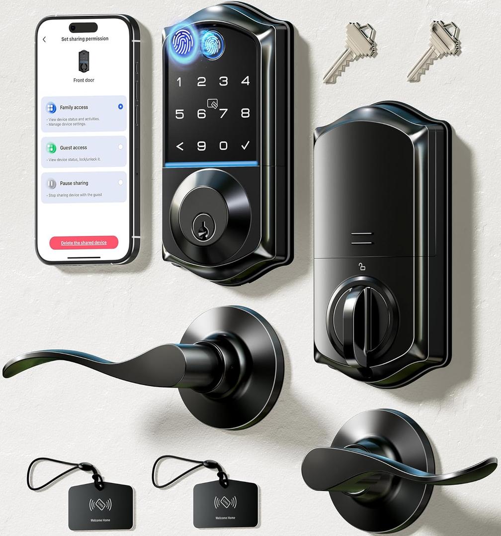 Veise VE017-L Fingerprint Smart Lock with Lever Handles, App Control, Keyless Entry Front Door Lock Set, Electronic Digital Keypad Deadbolt, Remote Grant, Emergency Power Port, Auto Lock, Matte Black