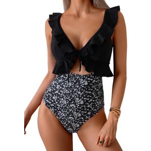 Eomenie One Piece Swimsuit for Women Tummy Control Ruffle Bathing Suit V Neck Ruched Swim Suit Slimming Cutout Swimwear, Small 