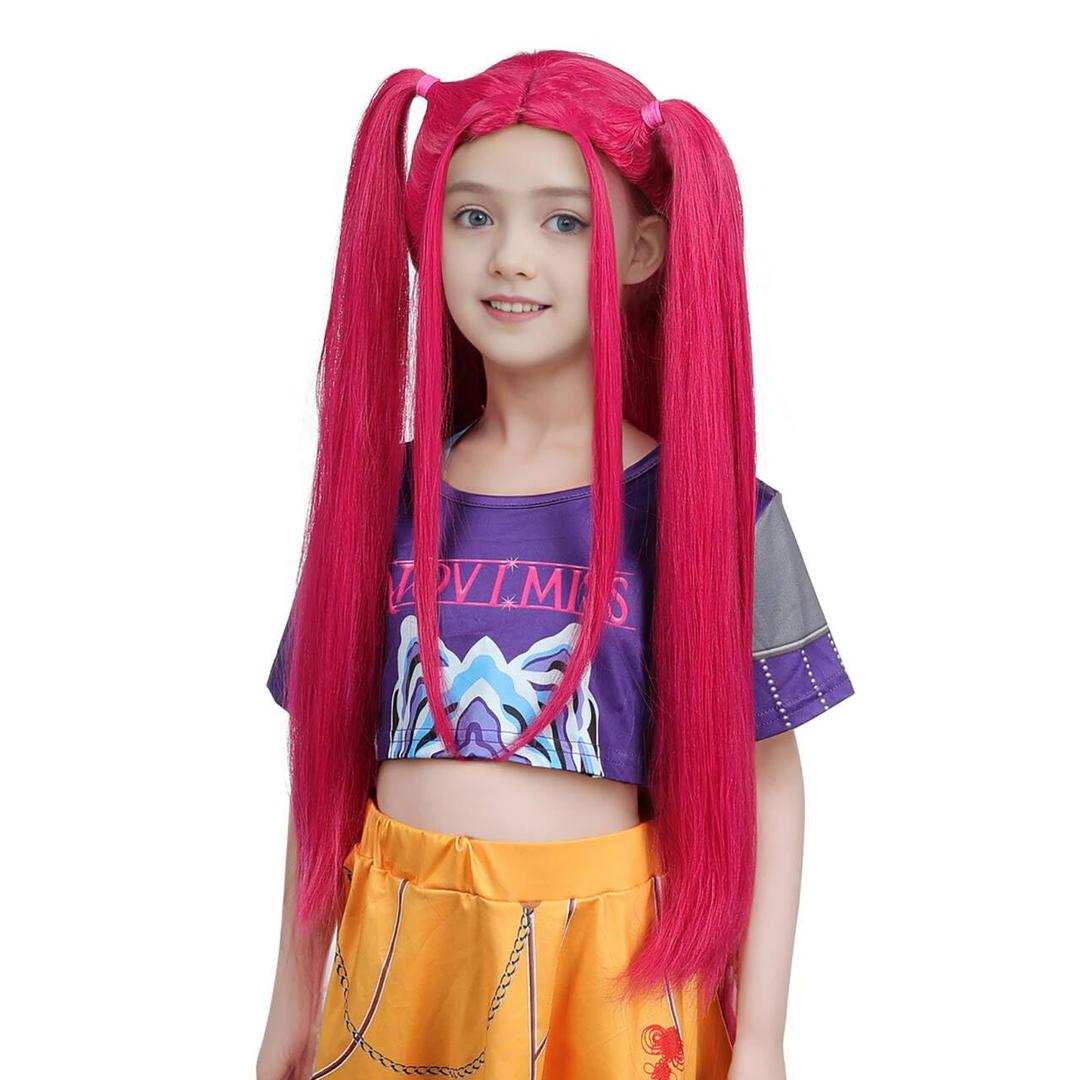Hot Pink Wig For Kids,Long Straight Wig Girls Hot Pink,Cartoon Movie Cospaly,Heat Resistant Synthetic Hair, Pigtail Style,Halloween Costume For Child Accessory