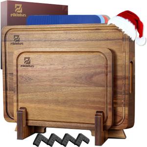 Cutting Boards Large Set of 7, Acacia Wood Charcuterie Chopping Board for Kitchen with Holder Non Slip Feet, Plastic Serving Board Mats, Juice Groove, Reversible Butcher Block for Meat Cheese Bread (Brown)