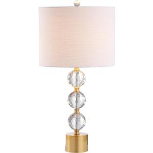 JONATHAN Y 25.25" Clear and Brass Gold Crystal Table Lamp, Modern Glam Faceted Orb Bedside Lamp with White Linen Drum Shade for Living Room Bedroom, LED Bulb Included JYL5017A