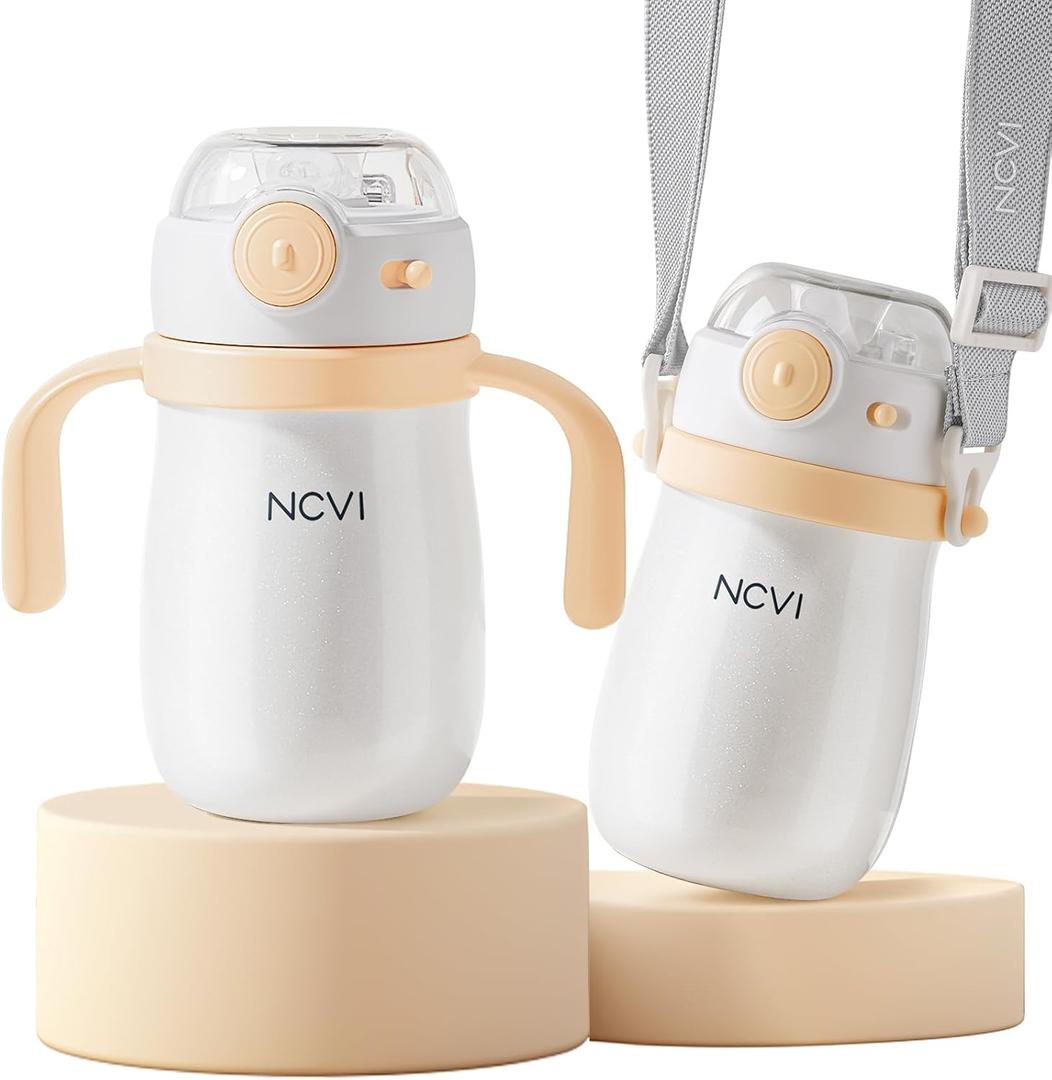 NCVI Kids Stainless Steel Straw Cup for Toddlers 1-3 Years Old, Training Tumbler with Straw Spill Proof with Handle, Insulated Bottle to Keep Cold Warm for Water/Milk/Drink, Yellow 10floz