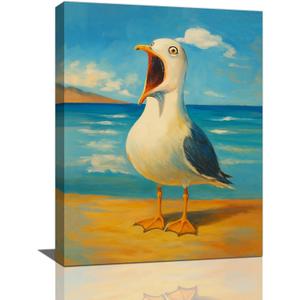 Funny Seagull Bathroom Wall Art Beach Canvas Wall Decor Seaside Seascape Pictures Paintings Prints Ocean Artwork Framed Decorations For Bedroom Living Room Office Gifts 12" x 16"