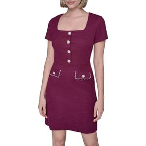 Karl Lagerfeld Women's Short Sleeve Stretch Texture Knit Tweed A-line Dress (12, Wine)