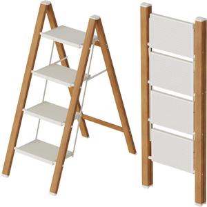 4 Step Lightweight Aluminum Folding Ladder, Portable Step Stool with Anti-Slip Pedals, 330 lbs Capacity for Home, Office, Kitchen, White & Woodgrain