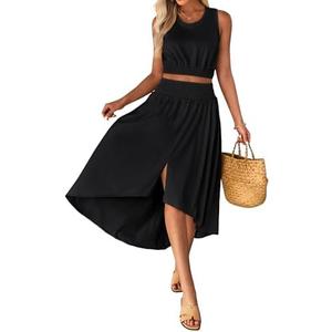 luvamia Two Piece Skirt Sets for Women Smocked Crop Top High Waisted High Low Split Maxi Skirt Co Ord Matching Dress Set.L